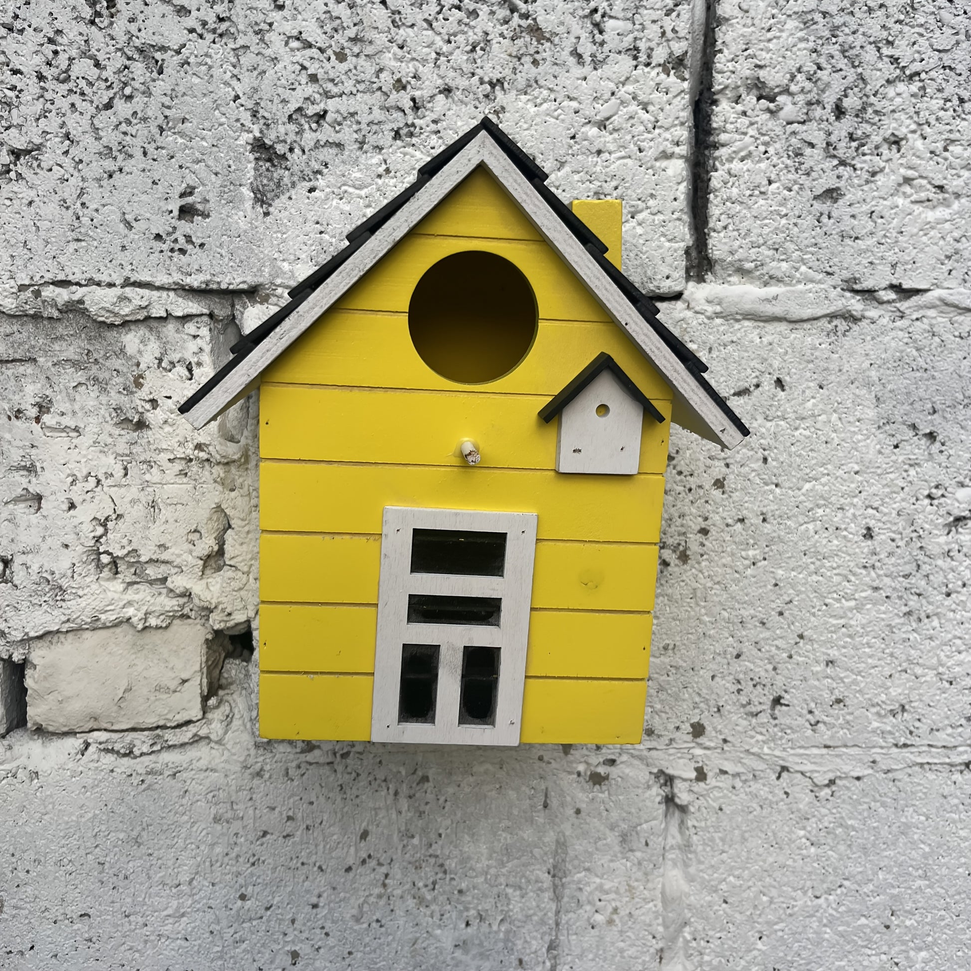 Nichoir coloré Spring Melody en bois léger suspendu dans un jardin fleuri, accueillant des mésanges et des bleuets.