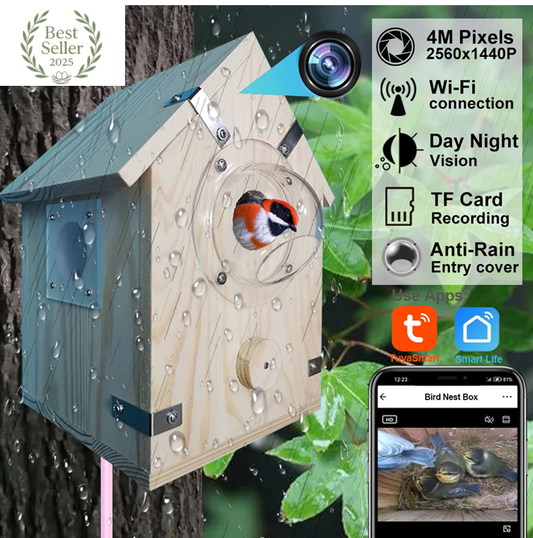 Observez la vie du nid en temps réel avec le Nichoir Connecté Nest-oo InsightBox™. Caméra 4 MP HD, vision nocturne, micro intégré et bois naturel certifié. Compatible Tuya Smart Life.