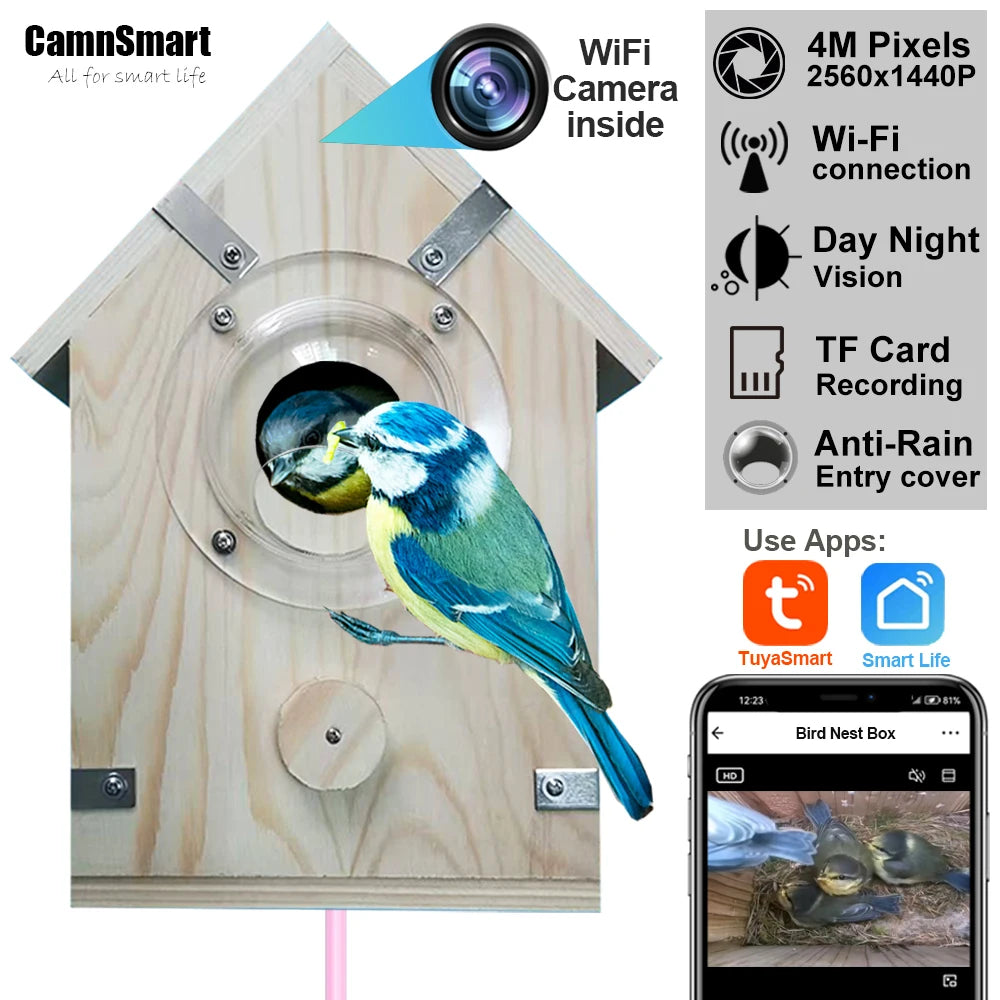 Observez la vie du nid en temps réel avec le Nichoir Connecté Nest-oo InsightBox™. Caméra 4 MP HD, vision nocturne, micro intégré et bois naturel certifié. Compatible Tuya Smart Life.