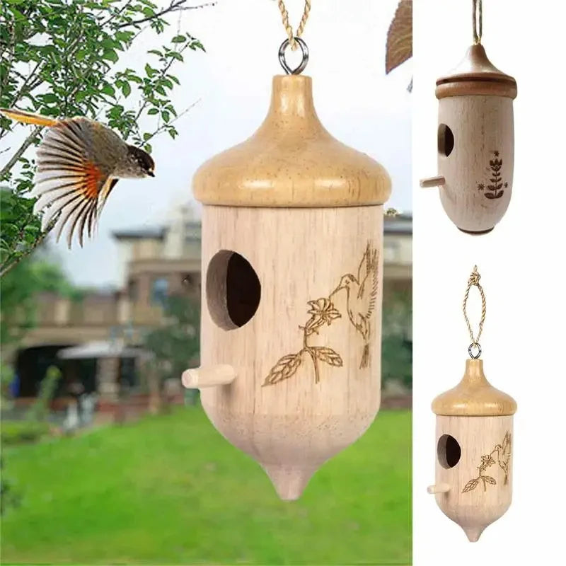 Nichoir en bois suspendu Nest-oo Humming Haven pour colibris et moineaux, décoration naturelle pour jardin.