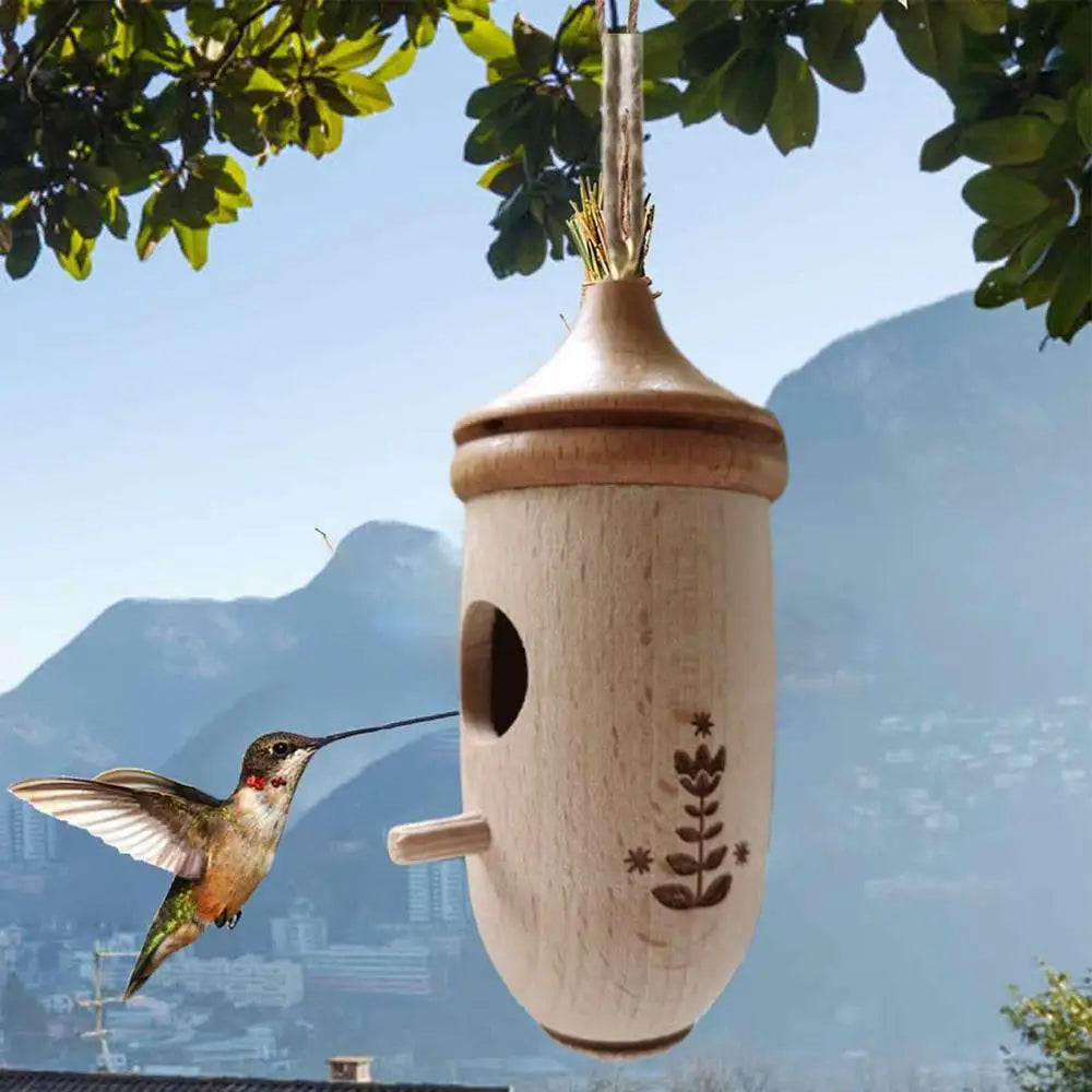 Nichoir en bois suspendu Nest-oo Humming Haven pour colibris et moineaux, décoration naturelle pour jardin.
