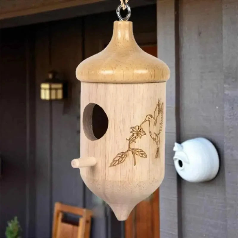 Nichoir en bois suspendu Nest-oo Humming Haven pour colibris et moineaux, décoration naturelle pour jardin.