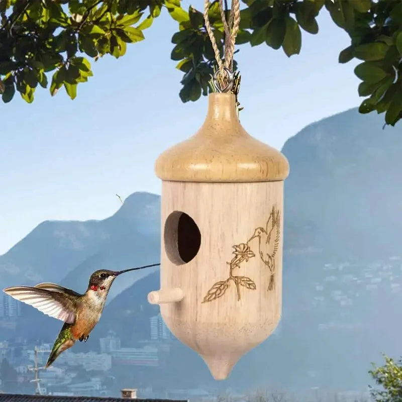 Nichoir en bois suspendu Nest-oo Humming Haven pour colibris et moineaux, décoration naturelle pour jardin.