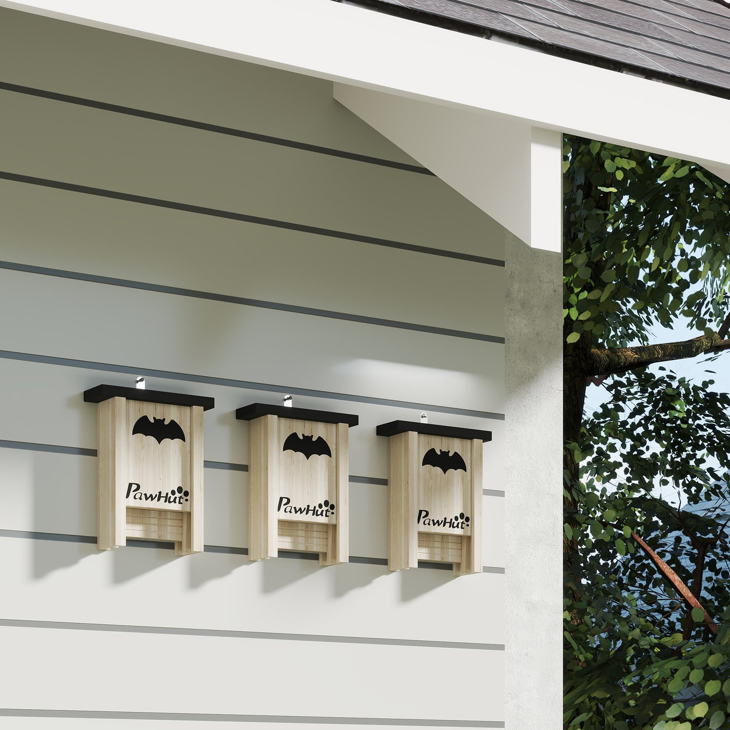 Trio de bat houses PAWHUT installées dans un jardin écologique – refuge naturel pour chauves-souris 9