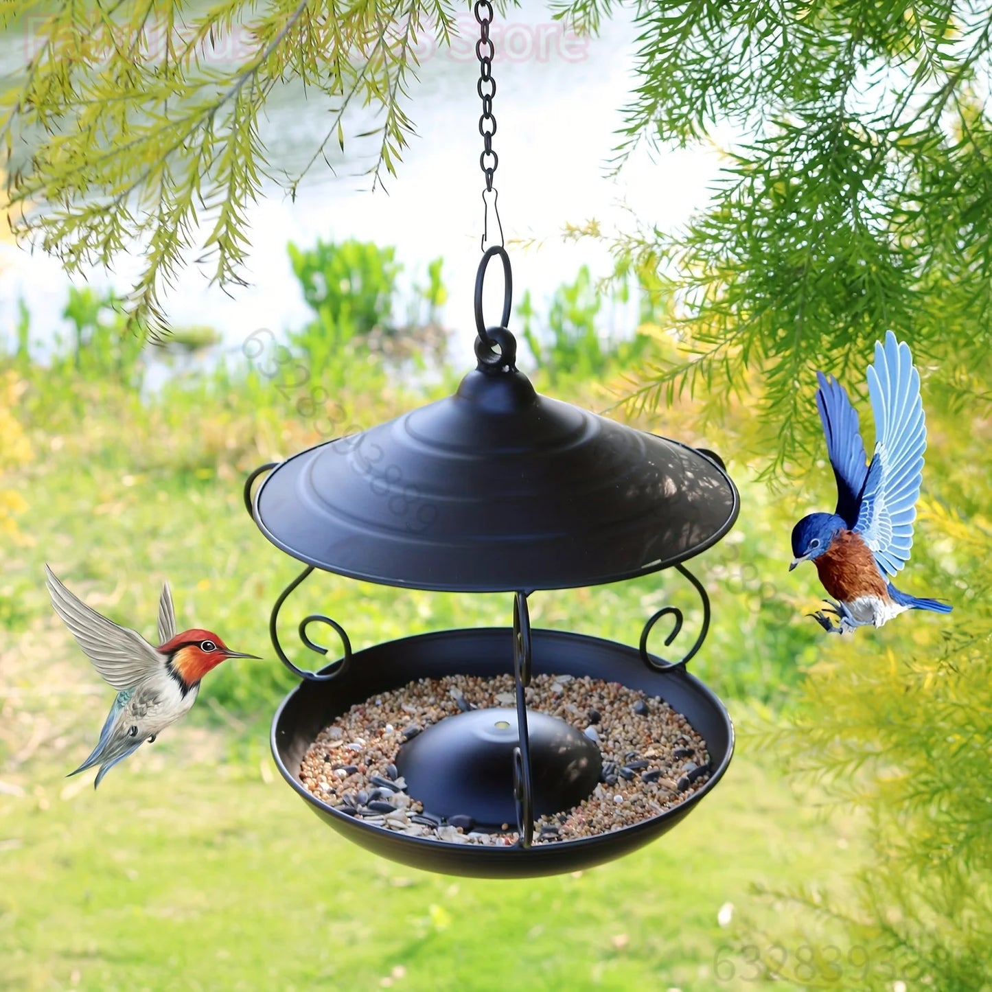 Mangeoire suspendue en métal noir Nest-oo Élégance Nocturne, suspendue dans un jardin, attirant des mésanges et rouges-gorges.