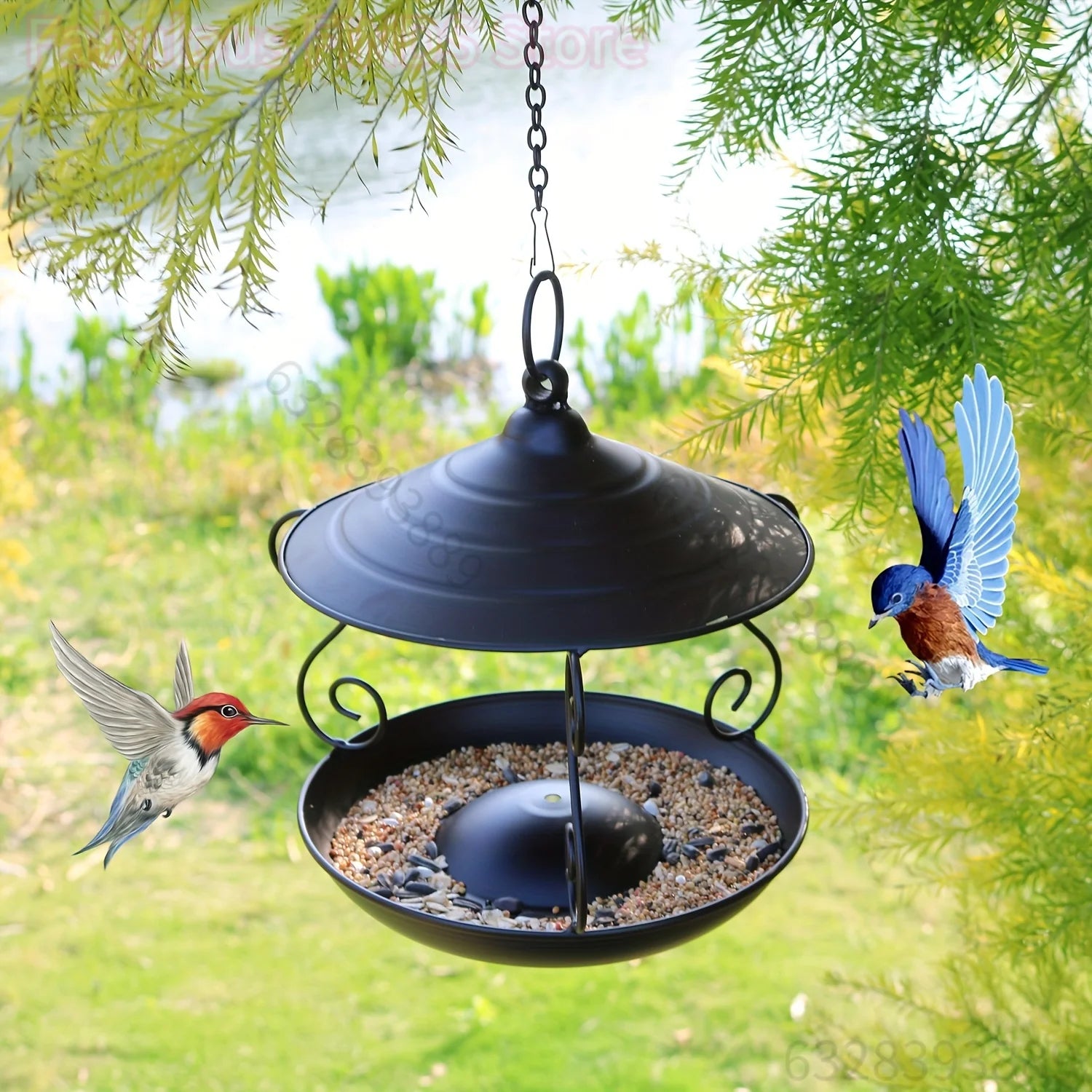 Mangeoire suspendue en métal noir Nest-oo Élégance Nocturne, suspendue dans un jardin, attirant des mésanges et rouges-gorges.