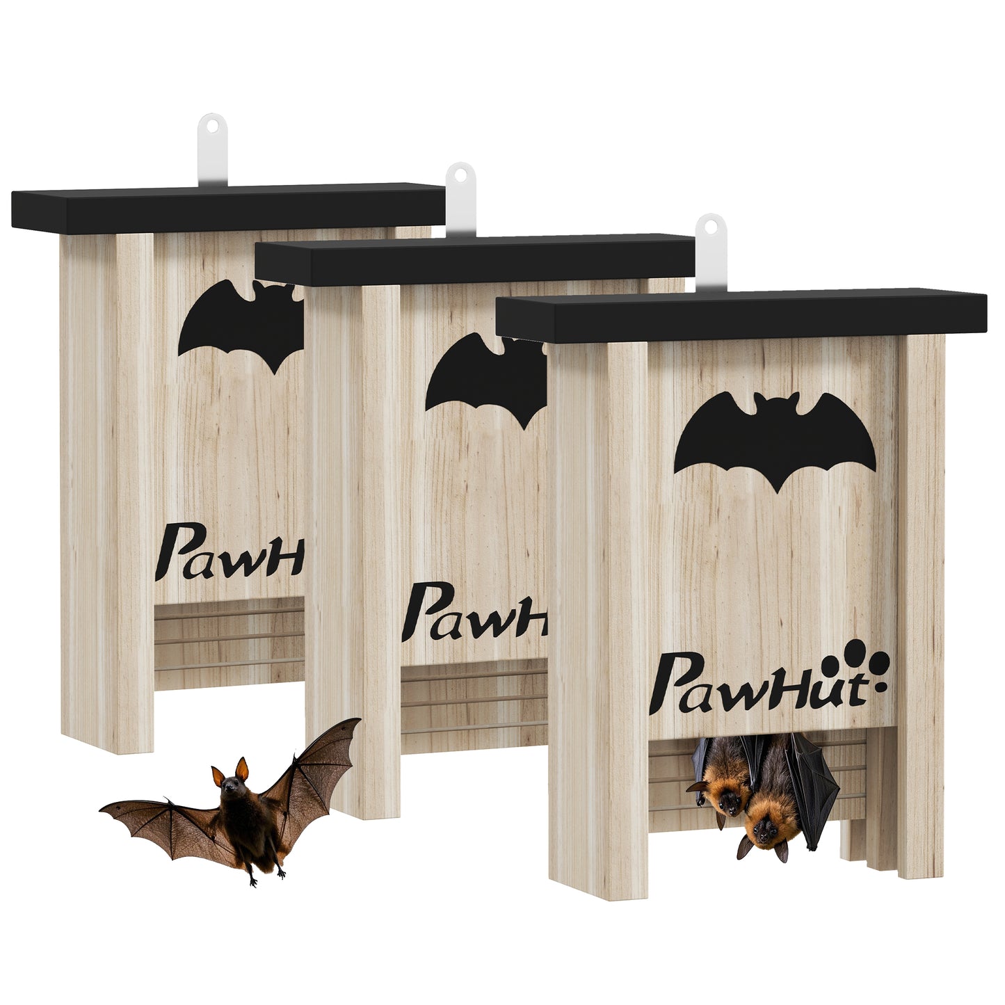 Lot de 3 refuges à chauves-souris en bois PAWHUT installés sur un mur extérieur 2