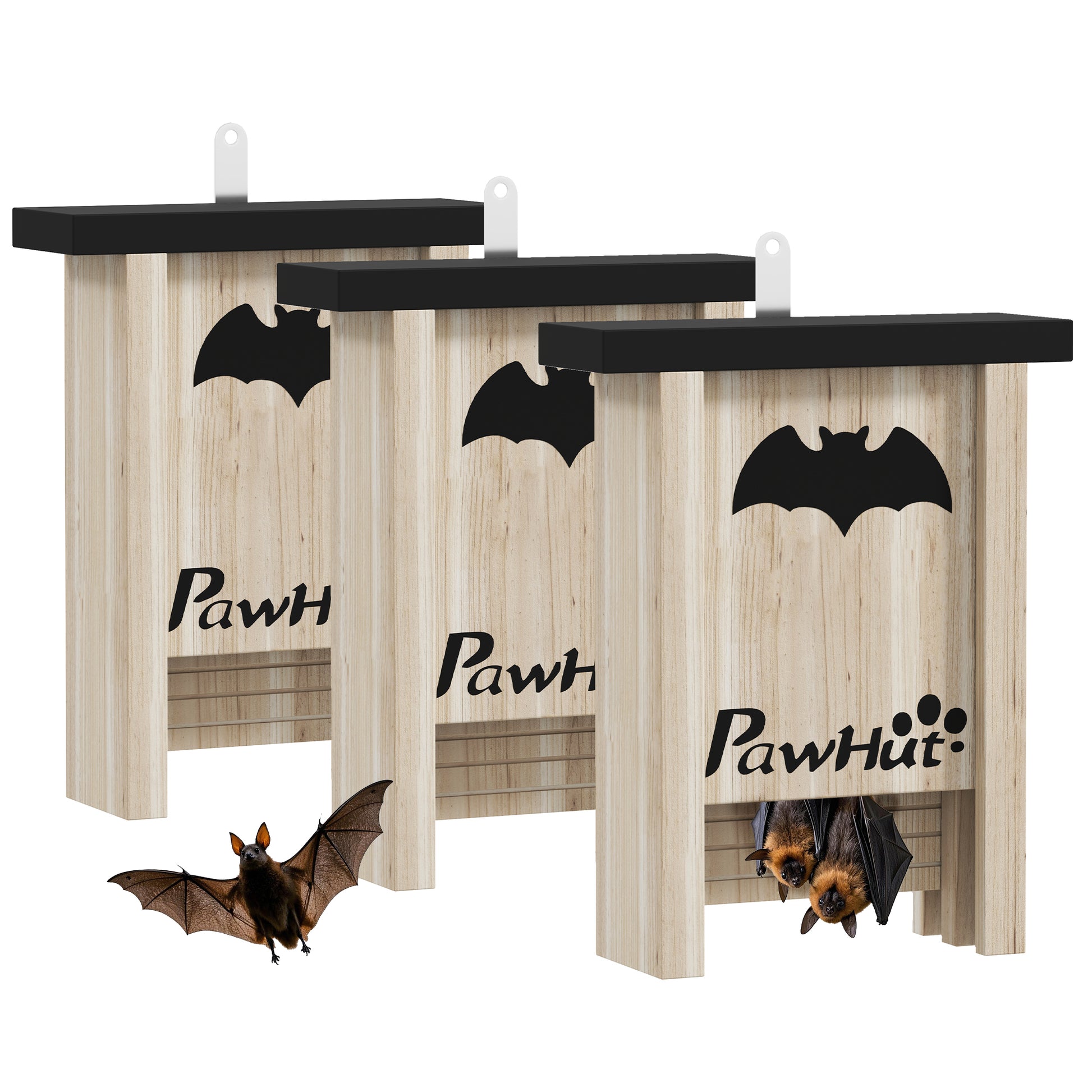 Lot de 3 refuges à chauves-souris en bois PAWHUT installés sur un mur extérieur 2