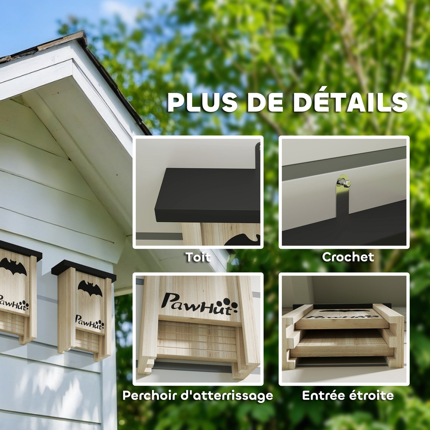 Trio de bat houses PAWHUT installées dans un jardin écologique – refuge naturel pour chauves-souris 2